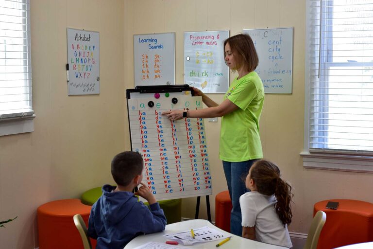 A teacher explaining a lesson at the board